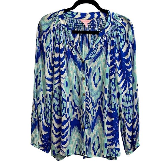 Lilly Pulitzer Tops - Lilly Pulitzer Elsa Long Sleeve Top "Tropi Call Me" Blue Women's Medium *READ*
